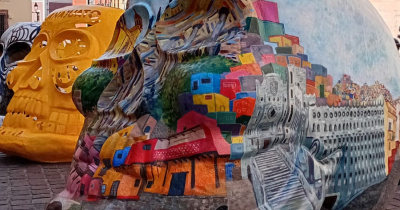 Artistas visuales de la UG presentaron intervenci&oacute;n pict&oacute;rica en cr&aacute;neos de gran formato